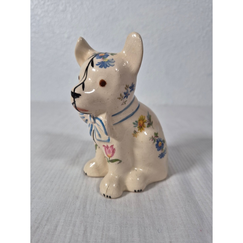 Vintage Ceramic French Bulldog Figurine Floral Crackle Glaze Puppy Dog Decor